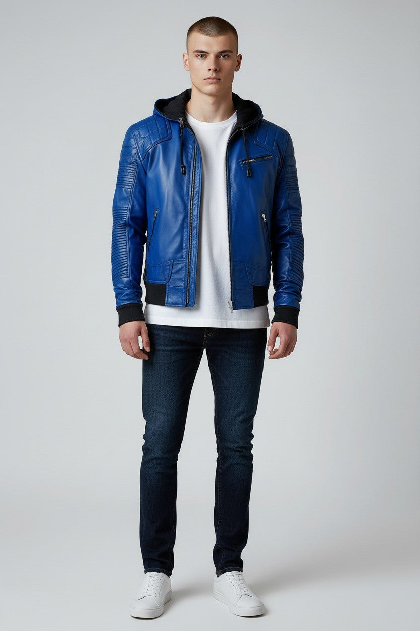 Scarlett Stitch men's blue faux leather hooded bomber jacket with quilted shoulder details and zip-front closure.