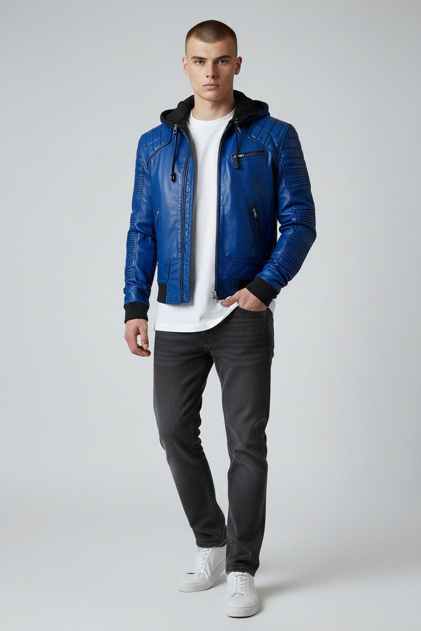 Scarlett Stitch men's blue faux leather hooded bomber jacket with quilted details and zip front.
