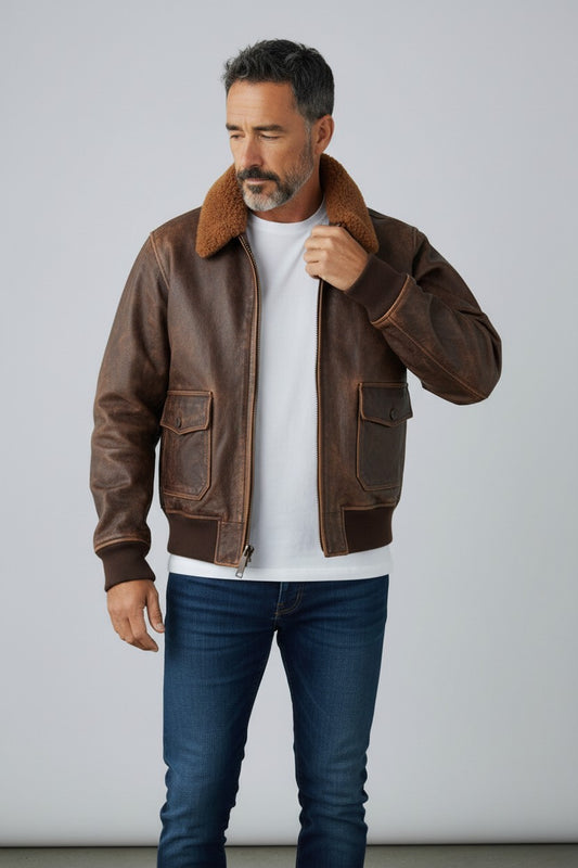 Scarlett Stitch men's distressed brown faux leather bomber jacket with sherpa collar, ribbed cuffs and hem, and dual chest pockets.