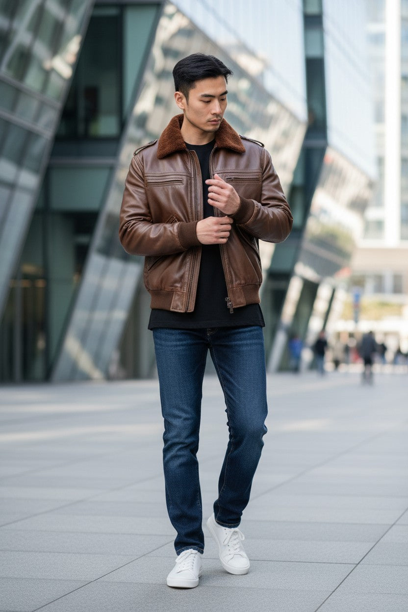 Scarlett Stitch brown faux leather bomber jacket with shearling collar, ribbed cuffs and hem, worn by a man.