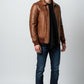 Scarlett Stitch Men's vintage distressed brown genuine leather bomber jacket with ribbed collar, cuffs, and hem.