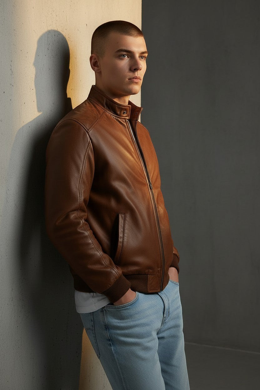 Scarlett Stitch men's brown leather bomber jacket with ribbed collar, cuffs, and hem. Zip-front closure and side pockets.