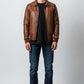 Scarlett Stitch Men's distressed brown genuine leather bomber jacket with ribbed collar, cuffs, and hem.