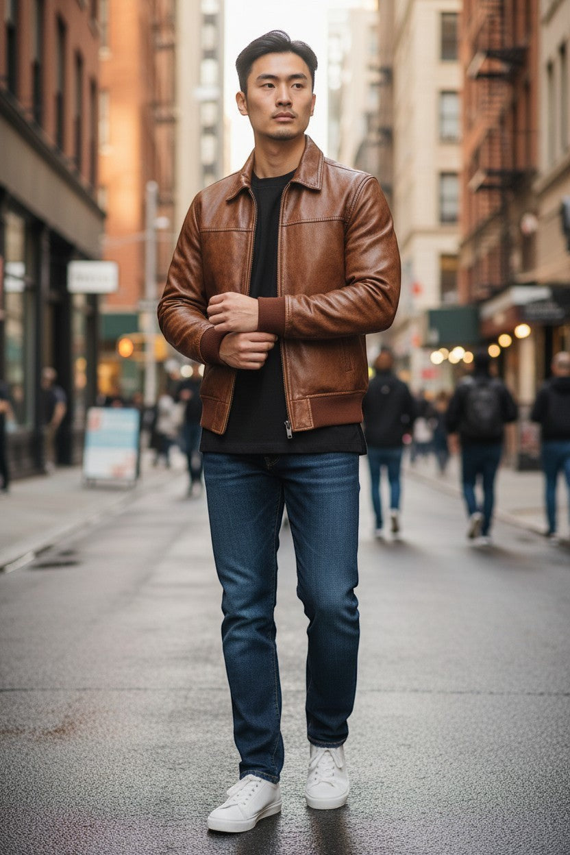 Scarlett Stitch Men's vintage distressed brown genuine leather bomber jacket with ribbed collar, cuffs, and hem. Model wears it with a black t-shirt and blue jeans.