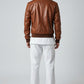 Scarlett Stitch warm brown leather bomber jacket with ribbed collar, cuffs, and hem. Men's fashion.