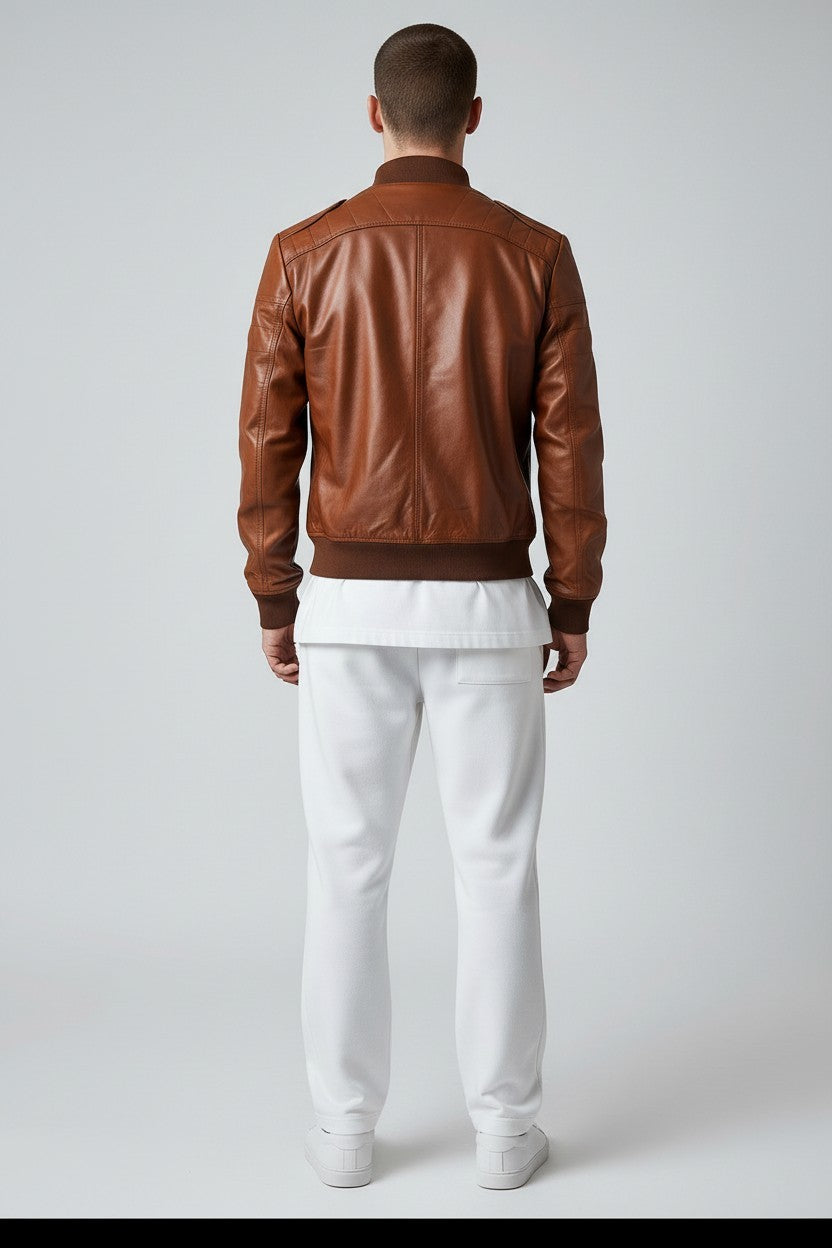 Scarlett Stitch warm brown leather bomber jacket with ribbed collar, cuffs, and hem. Men's fashion.