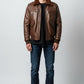 Scarlett Stitch men's brown genuine leather bomber jacket with detachable faux fur collar, ribbed cuffs and hem, zippered front.