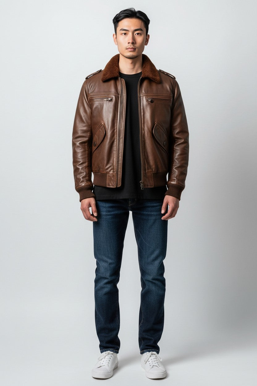 Scarlett Stitch men's brown genuine leather bomber jacket with detachable faux fur collar, ribbed cuffs and hem, zippered front.
