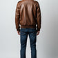 Scarlett Stitch men's brown genuine leather bomber jacket with detachable faux shearling collar, ribbed cuffs and hem.