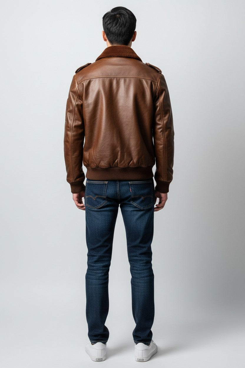 Scarlett Stitch men's brown genuine leather bomber jacket with detachable faux shearling collar, ribbed cuffs and hem.