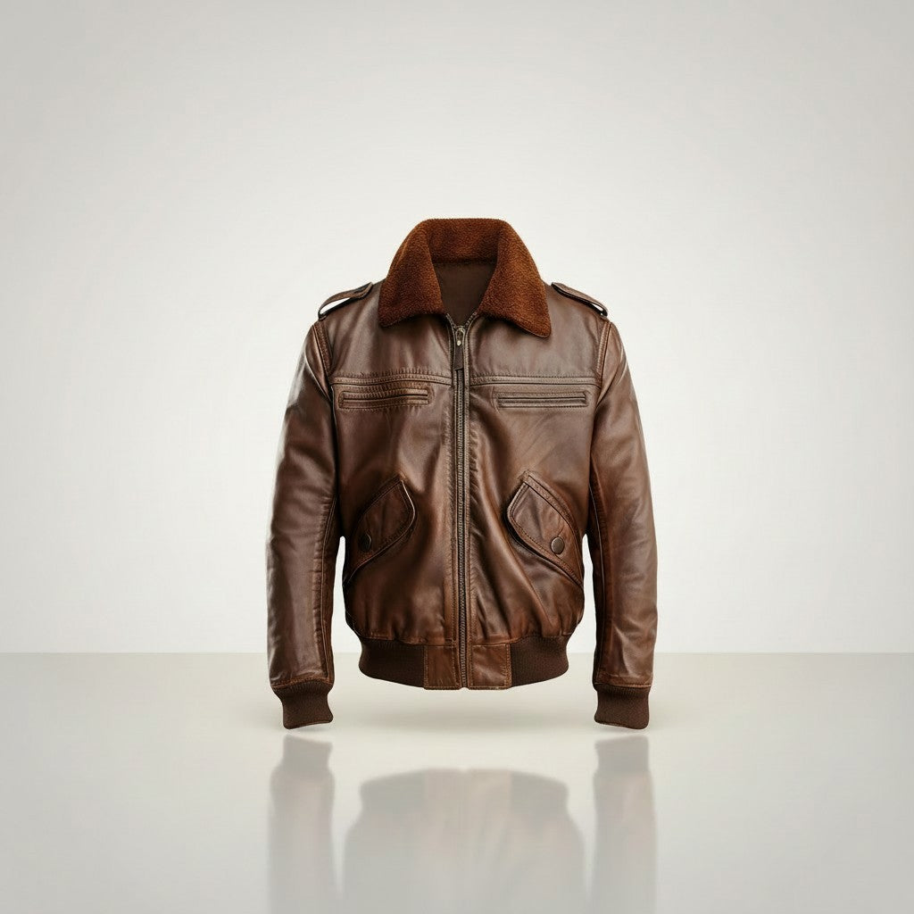 Scarlett Stitch men's brown genuine leather bomber jacket with detachable faux shearling collar, ribbed cuffs and hem, and zippered pockets.