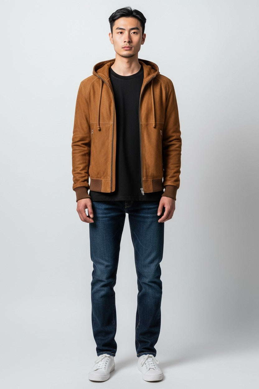 Scarlett Stitch brown suede bomber jacket with detachable hood, zip closure, and ribbed cuffs. Model wears black t-shirt and blue jeans.
