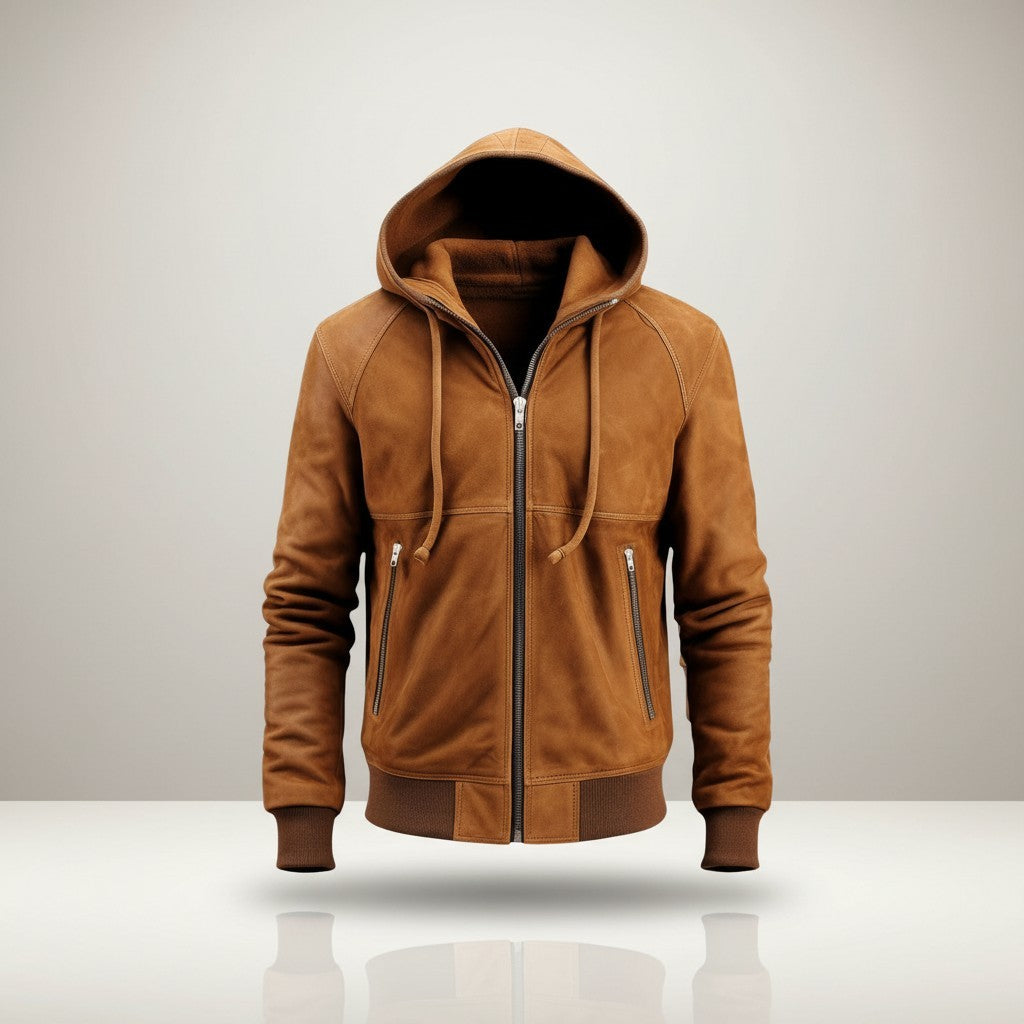 Scarlett Stitch brown suede bomber jacket with detachable hood, zip closure, and zippered pockets.