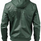 Scarlett Stitch forest green faux leather hooded bomber jacket with ribbed cuffs and hem.