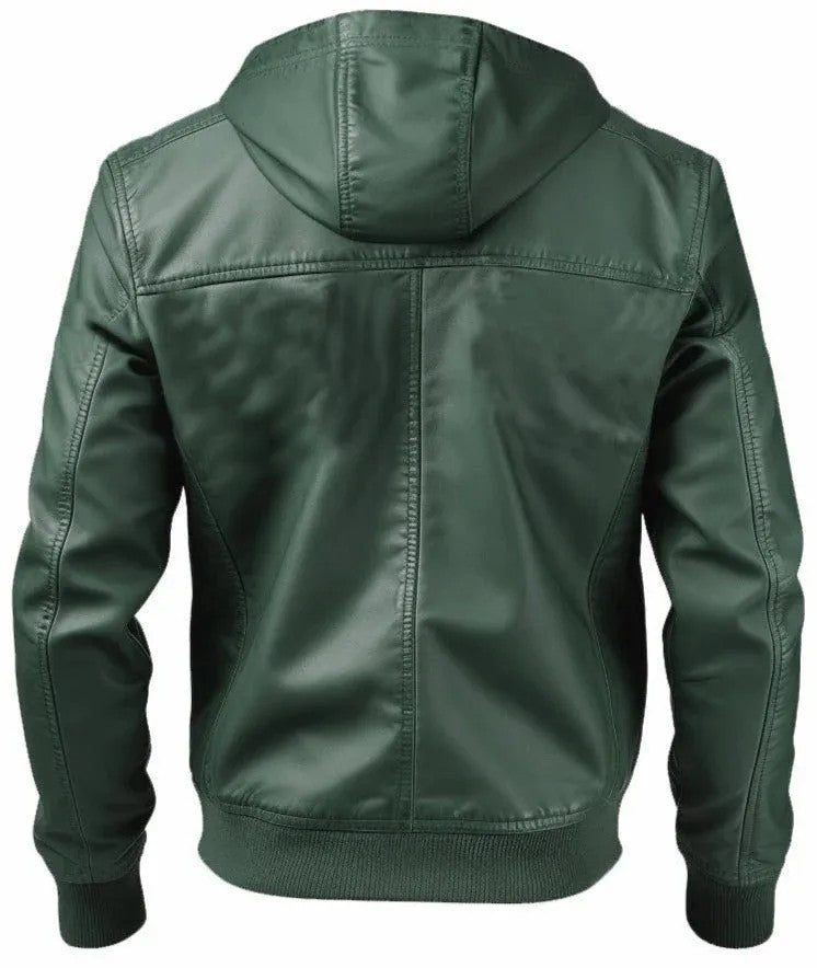 Scarlett Stitch forest green faux leather hooded bomber jacket with ribbed cuffs and hem.