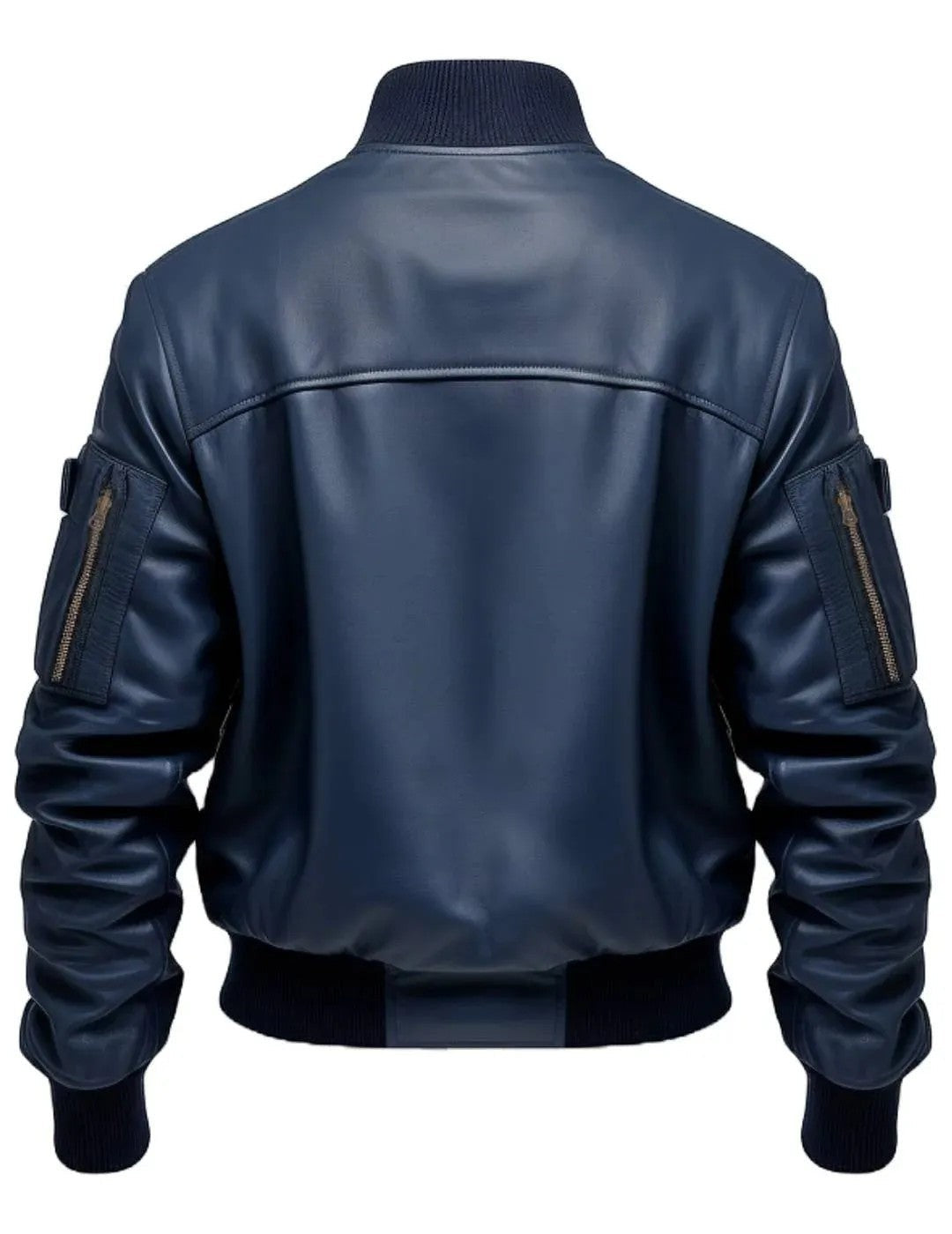 Scarlett Stitch Men's navy blue genuine leather bomber jacket with ribbed collar, cuffs, and hem. Features zippered sleeve pockets.