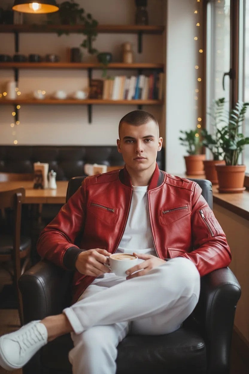Scarlett Stitch men's red leather bomber jacket with ribbed collar and cuffs, zippered pockets, and satin lining.