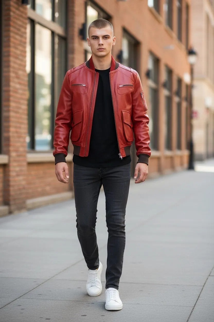 Scarlett Stitch men's red leather bomber jacket with ribbed collar and cuffs, zippered pockets, and satin lining.