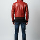 Scarlett Stitch men's red genuine leather hooded moto jacket with quilted shoulders and sleeves.