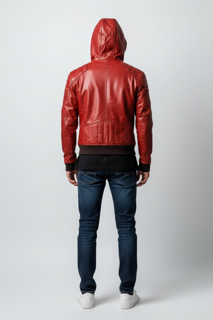 Scarlett Stitch men's red genuine leather hooded moto jacket with quilted shoulders and sleeves.