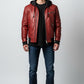 Scarlett Stitch men's red genuine leather moto jacket with quilted shoulders and detachable hood.