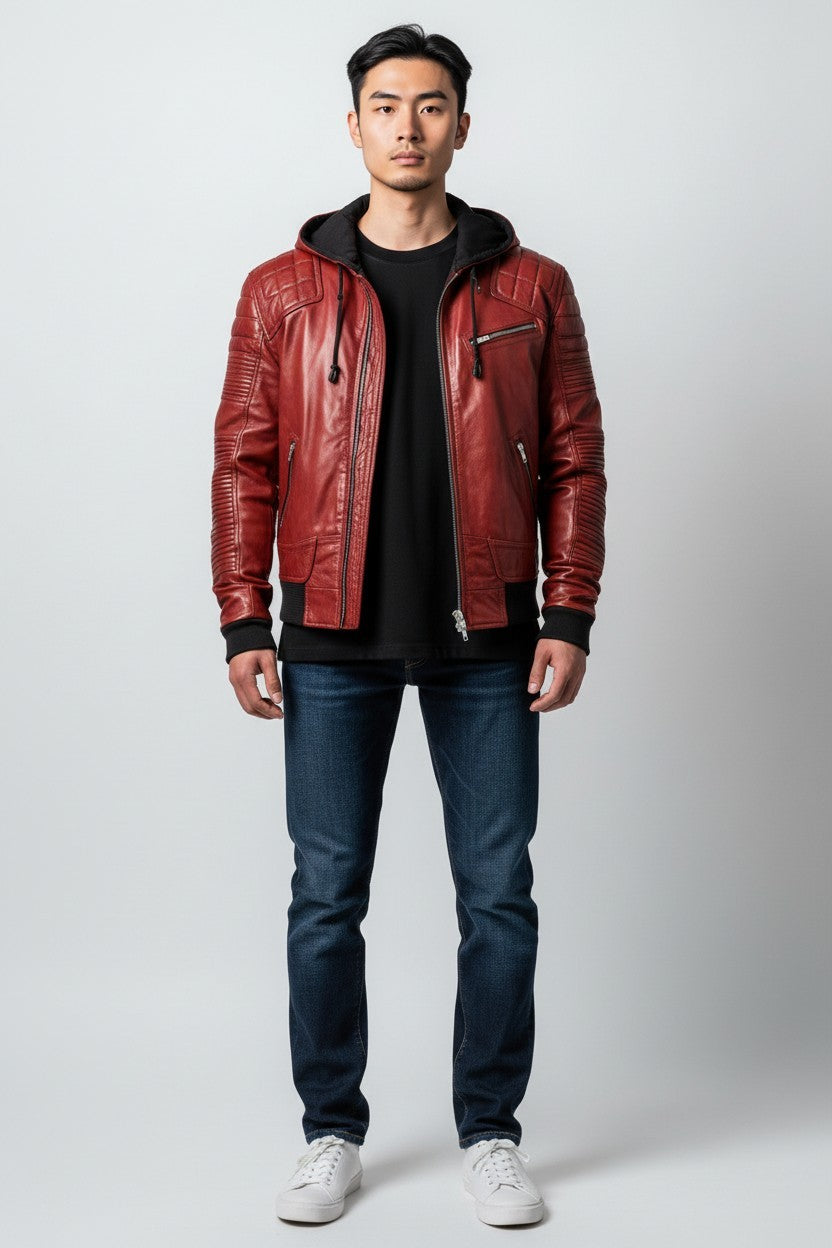Scarlett Stitch men's red genuine leather moto jacket with quilted shoulders and detachable hood.
