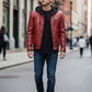 Scarlett Stitch men's red genuine leather moto jacket with quilted shoulders and detachable hood.