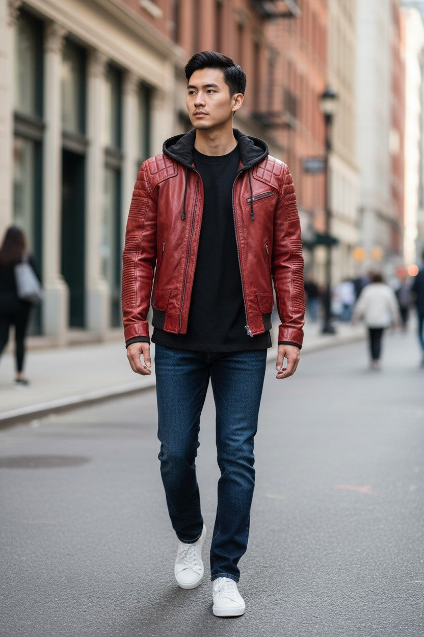 Scarlett Stitch men's red genuine leather moto jacket with quilted shoulders and detachable hood.