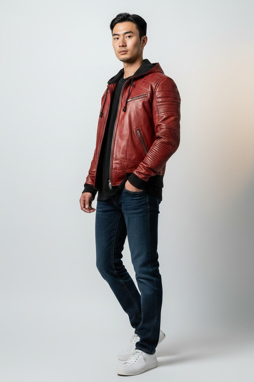 Scarlett Stitch men's red genuine leather moto jacket with quilted shoulders and detachable hood.