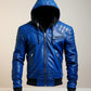 Men Stylish Blue Hooded Leather Jacket
