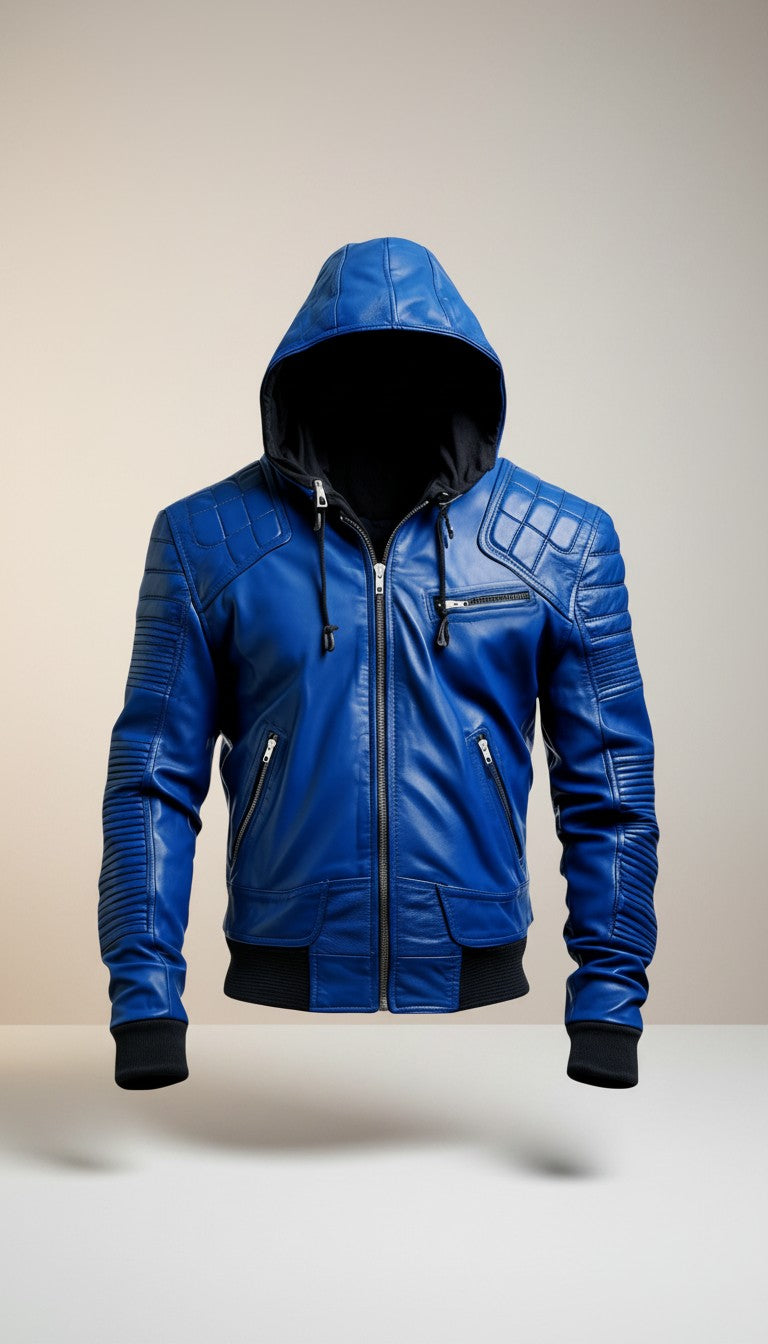 Men Stylish Blue Hooded Leather Jacket